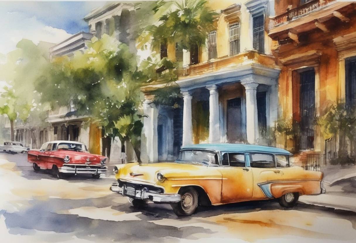 Watercolor painting based depiction of The United States and Cuba announce an agreement to reopen embassies in each other's capitals, fully restoring diplomatic relations for the first time in over five decades. (2015)