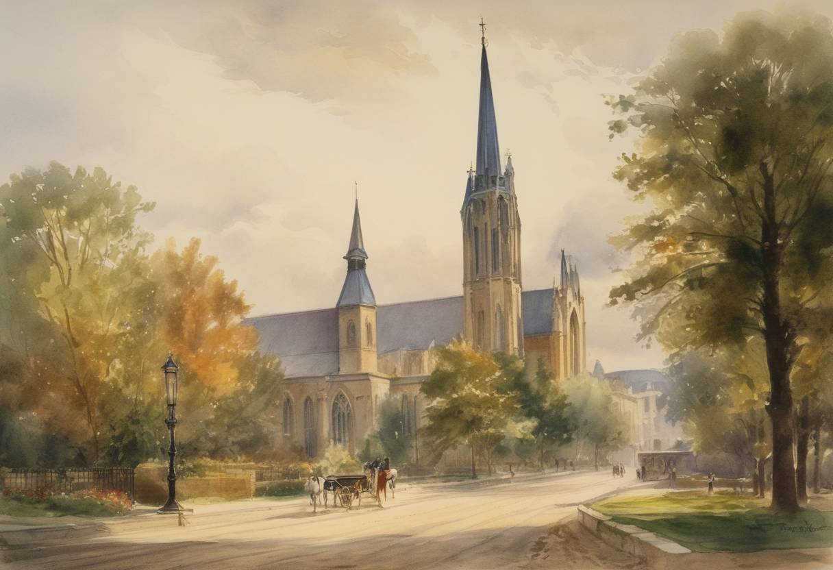 Watercolor painting based depiction of The University of Notre Dame is founded by Father Edward Sorin, a French priest of the Congregation of Holy Cross, in South Bend, Indiana. (1842)