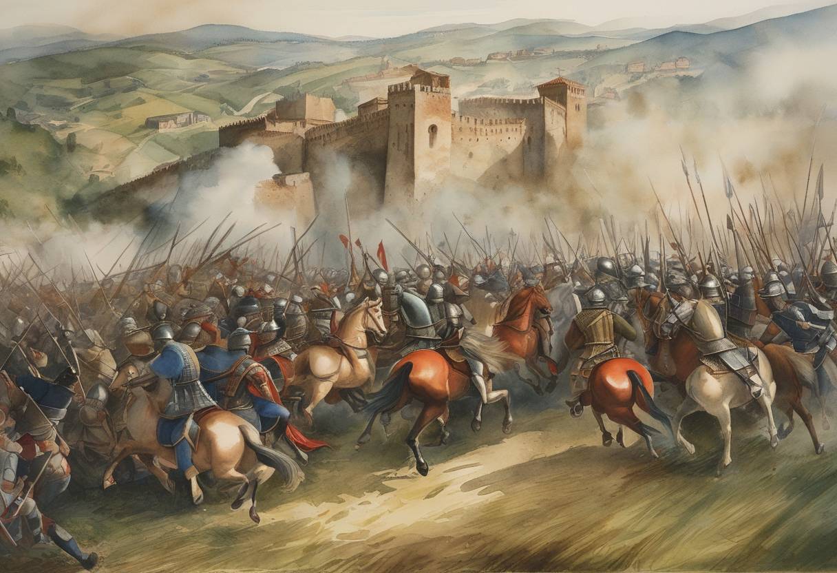 Watercolor painting based depiction of The Battle of Castagnaro was fought in Italy, marking a significant victory for the English mercenary leader John Hawkwood and his forces from the city of Padua against the army of Verona, led by Giovanni Ordelaffi. (1387)