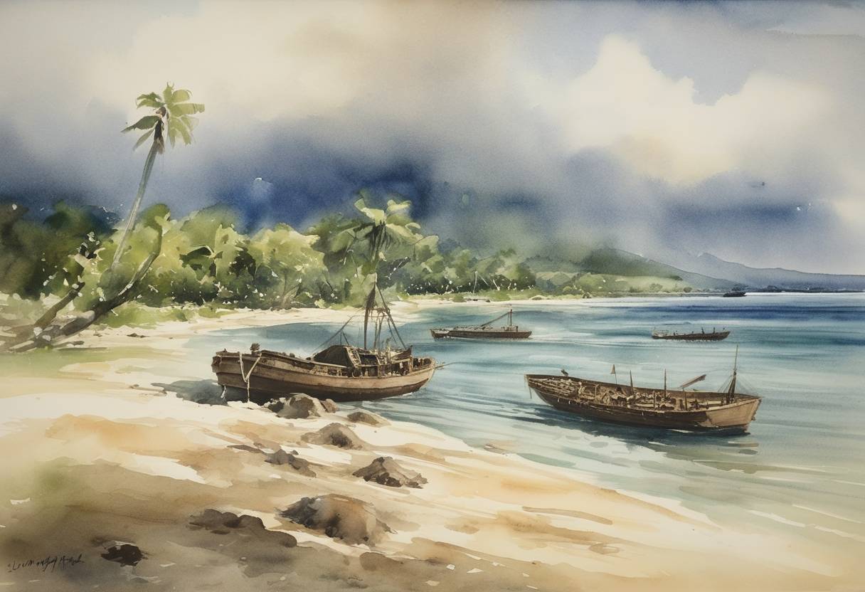 Watercolor painting based depiction of The United States began an invasion of the Philippines' main island of Luzon by landing on the beaches of Lingayen Gulf during World War II. (1945)