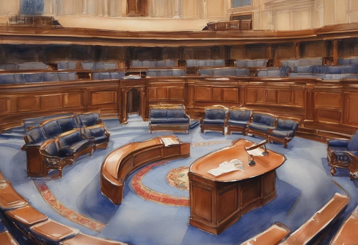 Watercolor painting based depiction of The U.S. House of Representatives passed the PROTECT Act, aimed at preventing child sexual abuse and exploitation. The act introduced new criminal penalties and preventive measures. (2003)