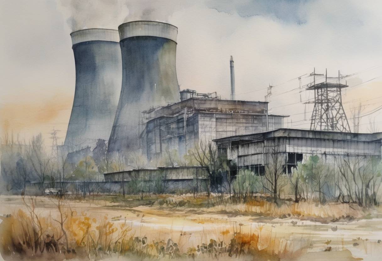 Watercolor painting based depiction of The Soviet Union's Government signed a decree to shut down the nuclear power plant that was behind the 1986 Chernobyl disaster within two years. (1986)