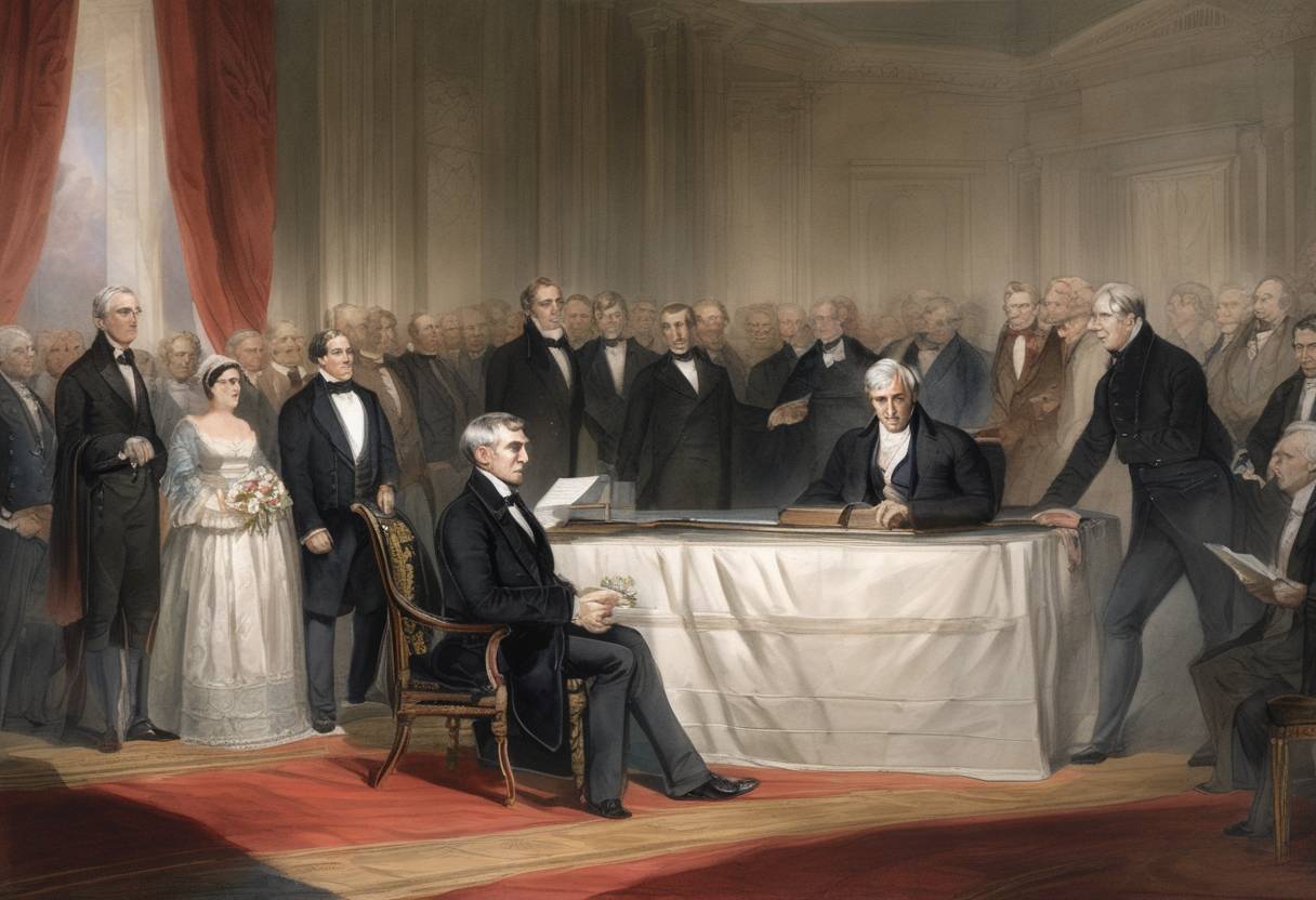 Watercolor painting based depiction of William Henry Harrison was inaugurated as the 9th President of the United States. Known for the longest inaugural address in U.S. history, his speech lasted nearly two hours. (1841)