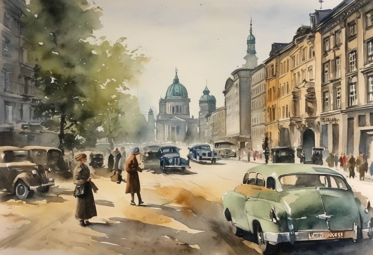 Watercolor painting based depiction of The Soviet Union handed control of its zone of Berlin to the German Democratic Republic, intensifying Cold War tensions and leading to the formal establishment of East Germany later that year. (1949)