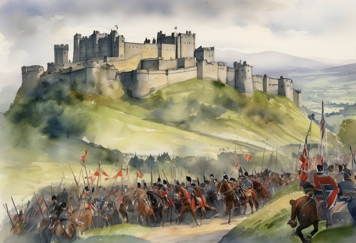 Watercolor painting based depiction of The Siege of Stirling Castle during the First War of Scottish Independence was in its final stages on this day. Edward I of England led the English forces in their attempt to capture the strategically important Stirling Castle from the Scots. (1304)