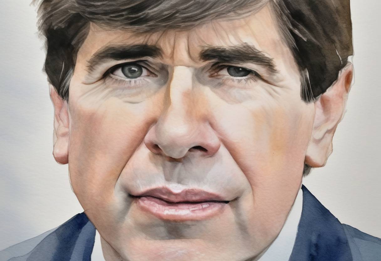 Watercolor painting based depiction of Illinois Governor Rod Blagojevich was arrested on federal corruption charges, including allegations of attempting to sell the U.S. Senate seat vacated by President-elect Barack Obama. (2008)