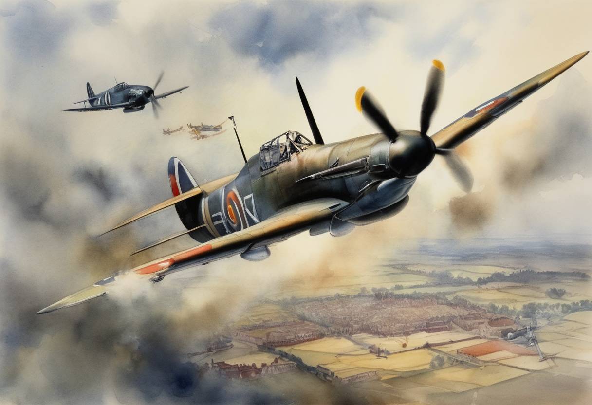 Watercolor painting based depiction of Germany launched the main Luftwaffe offensive during the Battle of Britain, known as 'Adlertag' or 'Eagle Day.' (1940)