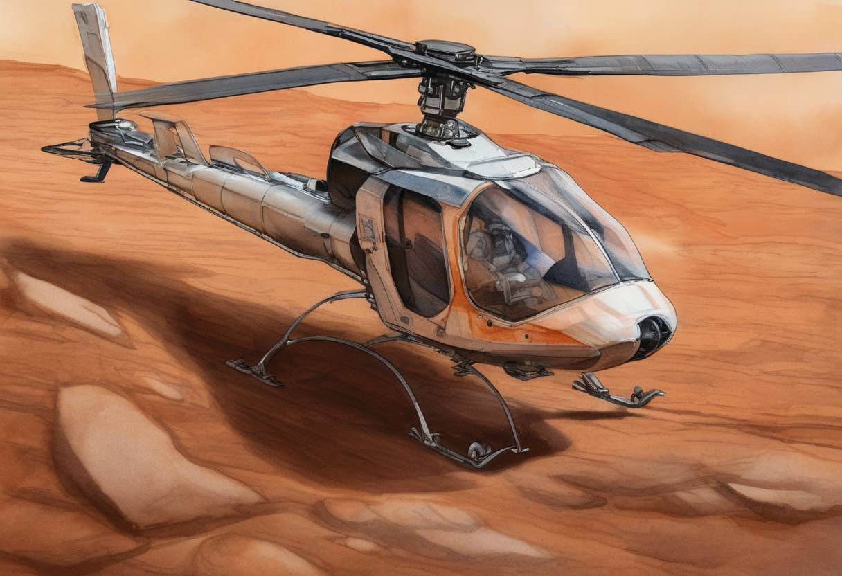 Watercolor painting based depiction of NASA's Ingenuity helicopter performed its first successful flight on Mars, marking the first time a powered, controlled flight had occurred on another planet. The tiny helicopter ascended, hovered, and safely landed on Martian soil after a 39.1-second flight, sending data back to Earth. This achievement demonstrated technology that could be used in future exploration missions. (2021)