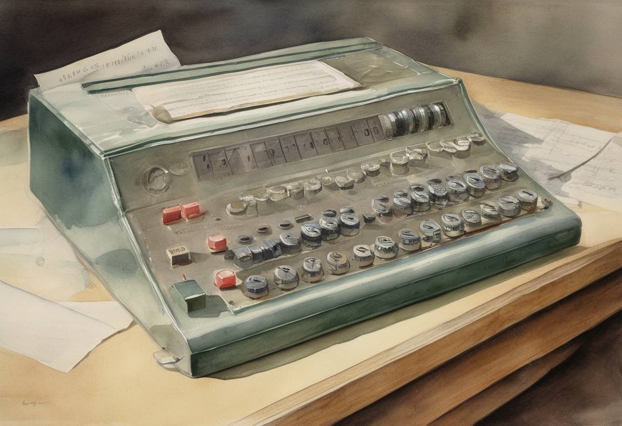 Watercolor painting based depiction of IBM dedicates the Automatic Sequence Controlled Calculator (Harvard Mark I), the first program-controlled calculator, which was used during World War II for ballistic calculations. (1944)