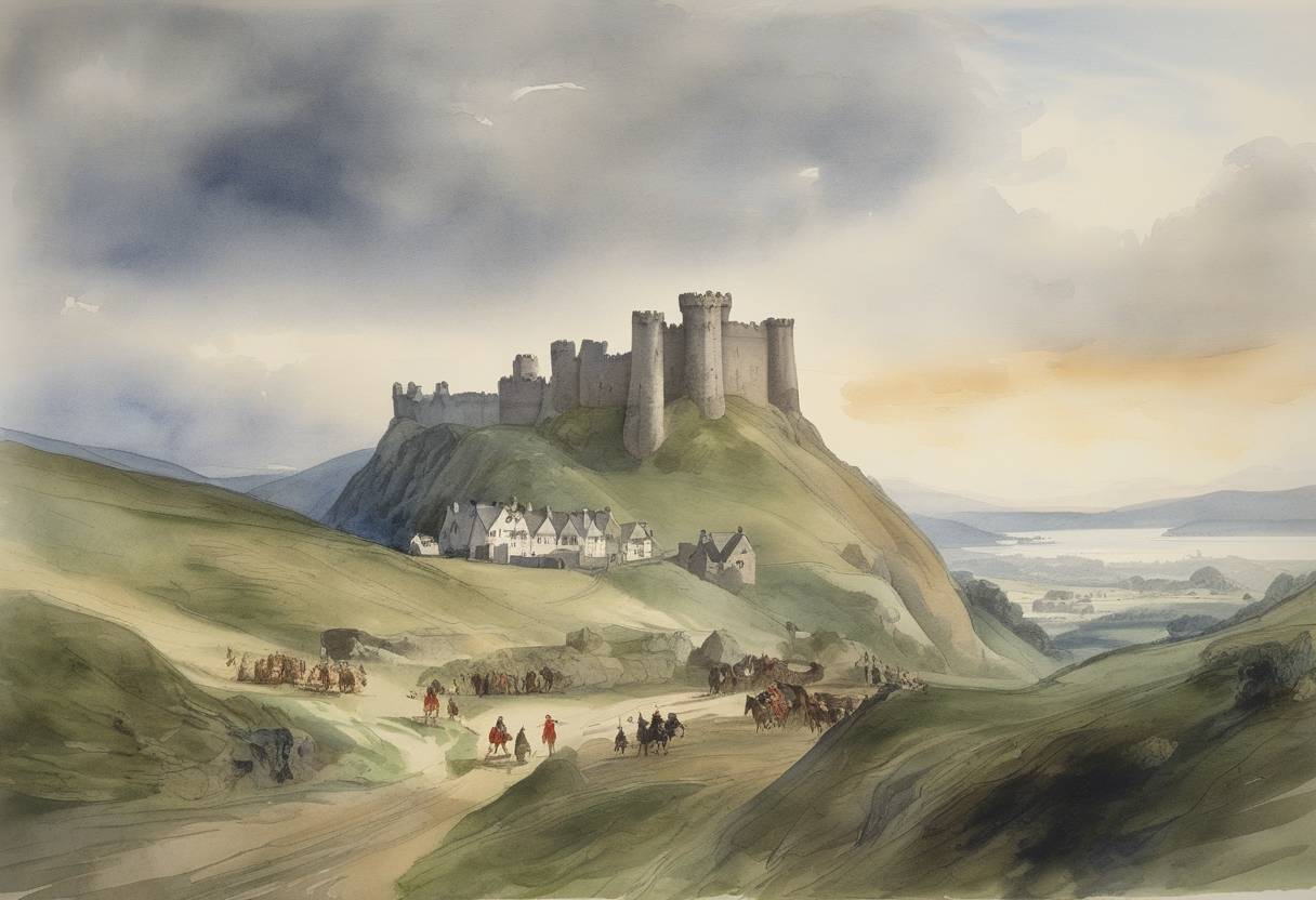 Watercolor painting based depiction of The Treaty of Aberconwy was signed between Llywelyn ap Gruffudd of Wales and King Edward I of England. (1286)
