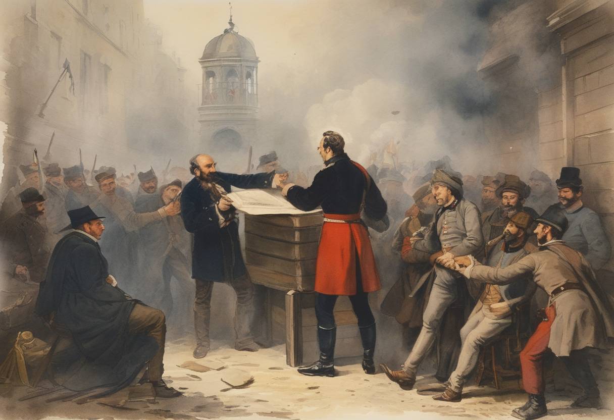 Watercolor painting based depiction of Lajos Kossuth, Hungarian nobleman and statesman, imprisons Samuel Kossuth, initiating a conflict during the Hungarian Revolution. (1848)