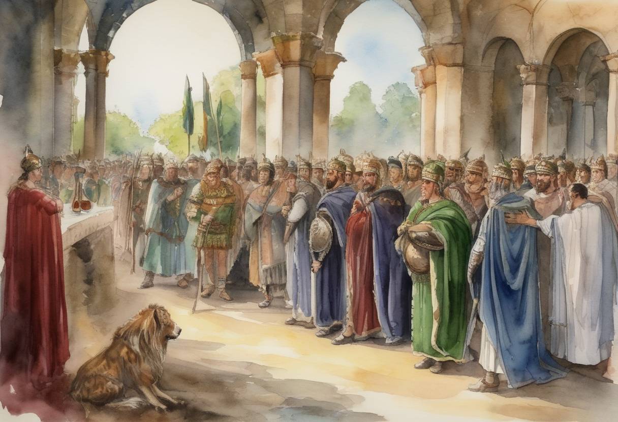 Watercolor painting based depiction of Odoacer, a Germanic chieftain who became the first non-Roman ruler of Italy after deposing the last Roman emperor Romulus Augustulus, is assassinated by Theodoric the Great at a banquet, marking the consolidation of Ostrogothic control over Italy. (493)