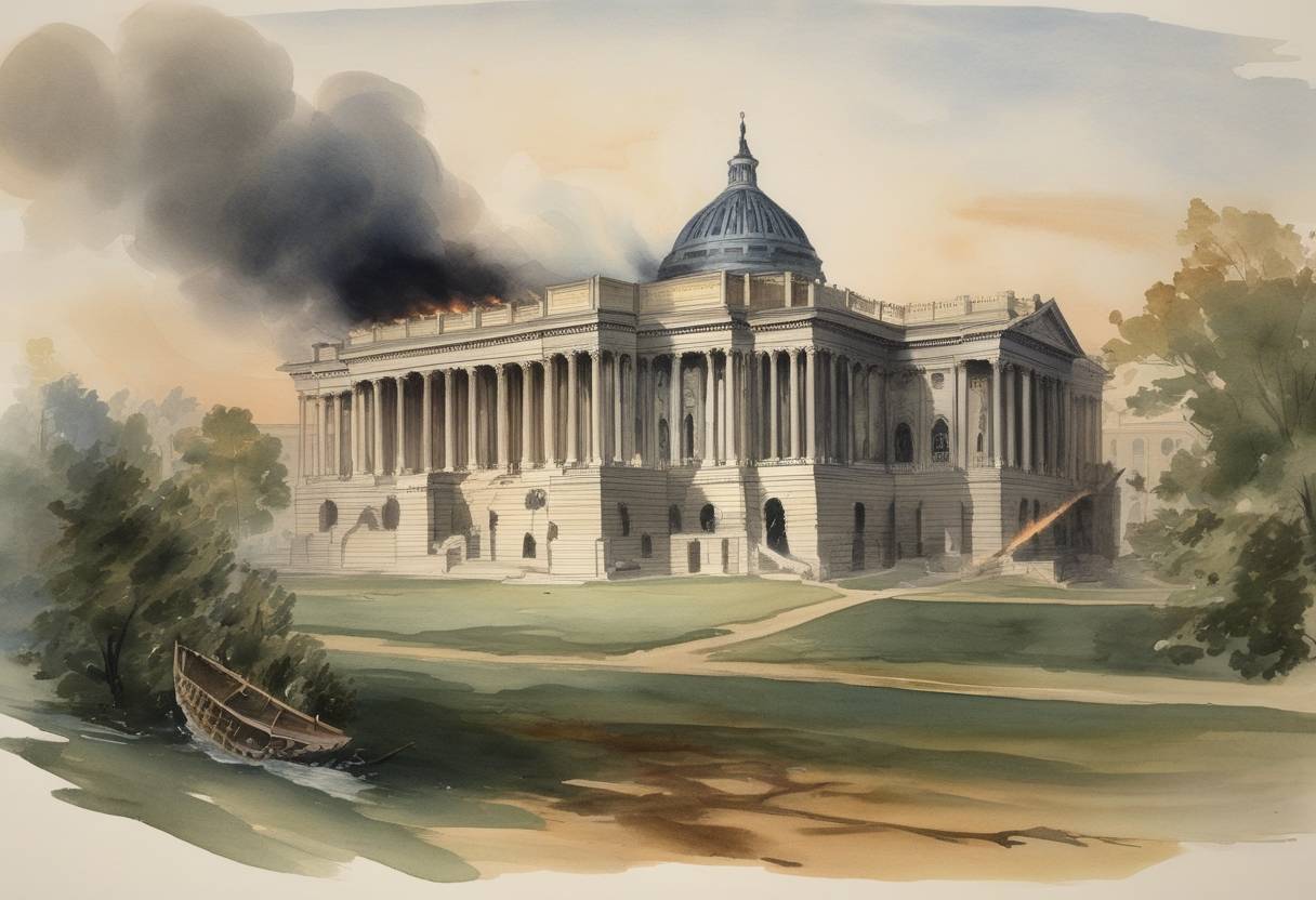Watercolor painting based depiction of A fire severely damaged the Library of Congress in Washington, D.C., destroying about 35,000 books, roughly two-thirds of its collection at the time. (1841)