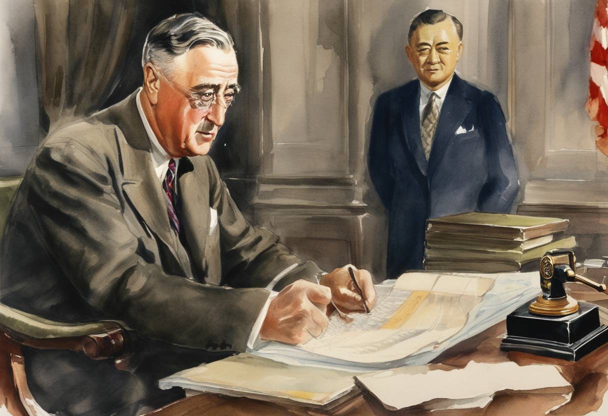 Watercolor painting based depiction of U.S. President Franklin D. Roosevelt orders the seizure of all Japanese assets in the United States in response to Japan's expansion in the Pacific. (1941)
