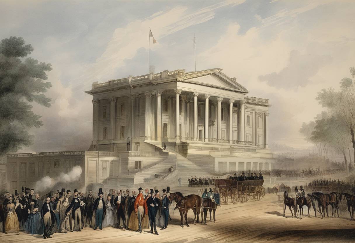 Watercolor painting based depiction of President John Tyler vetoed a bill that would have re-established the Second Bank of the United States, leading to a significant political conflict with the Whig Party. (1841)