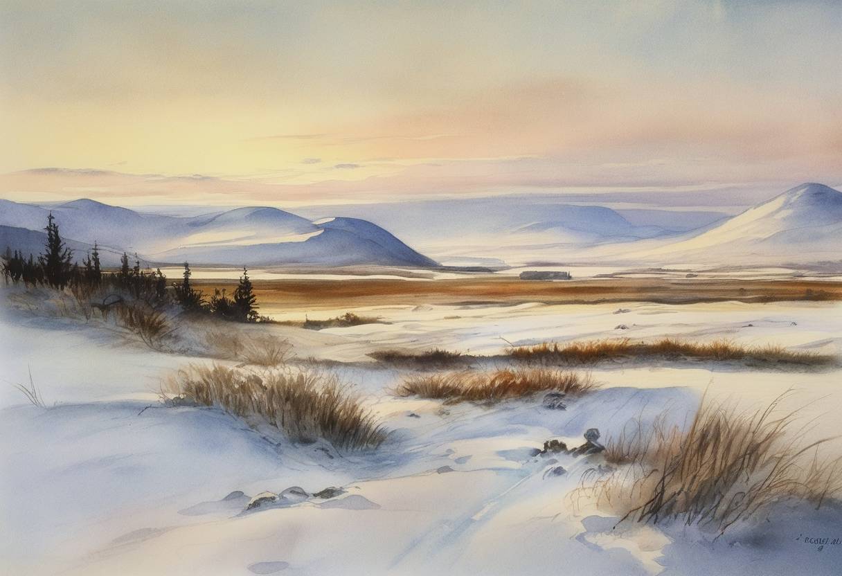 Watercolor painting based depiction of The lowest recorded temperature in Norway's history, −51.4 °C, was recorded in Karasjok, Finnmark County. (1895)