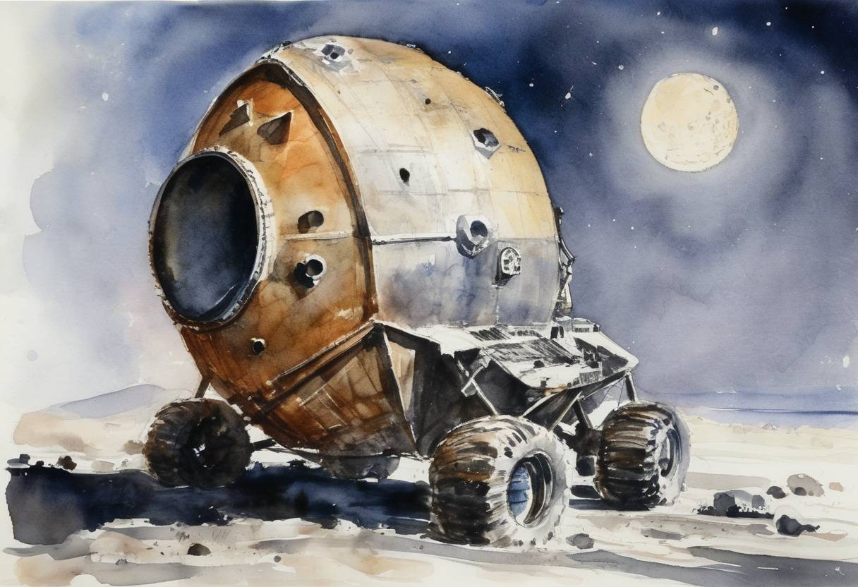 Watercolor painting based depiction of The Soviet spacecraft Luna 5 crash-landed on the Moon, highlighting continuing efforts and challenges of the Soviet space program in the era of space exploration. (1965)