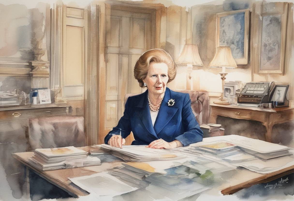 Watercolor painting based depiction of Margaret Thatcher became the first female Prime Minister of the United Kingdom, following the Conservative Party's victory in the general election. (1979)