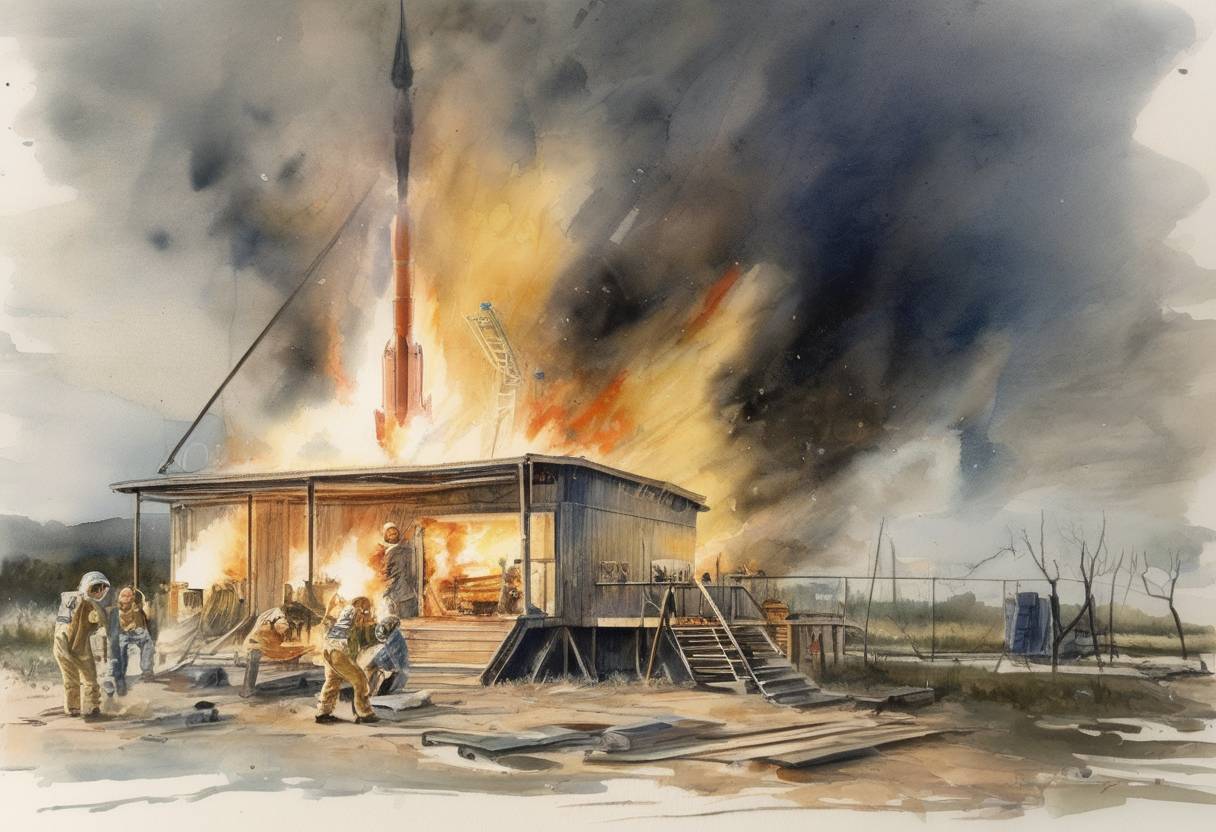 Watercolor painting based depiction of A cabin fire during a launch rehearsal test for the Apollo 1 mission at Cape Kennedy kills astronauts Gus Grissom, Ed White, and Roger B. Chaffee. (1967)