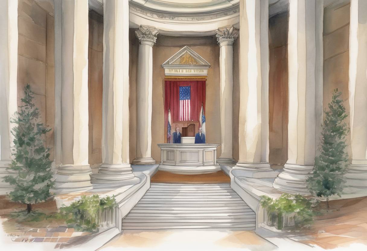 Watercolor painting based depiction of The Alabama Supreme Court Chief Justice Roy Moore had a Ten Commandments monument installed in the rotunda of the judiciary building, sparking a legal battle over the separation of church and state. (2001)