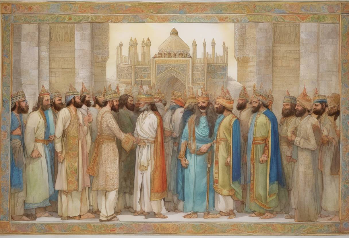 Watercolor painting based depiction of Bahram Chobin is crowned as King Bahram VI of Persia, marking a significant moment in the Sasanian Empire's history. (590)