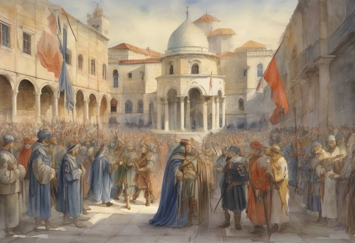 Watercolor painting based depiction of The Treaty of Zadar was signed, ending the conflict between the Republic of Venice and the Kingdom of Hungary over Dalmatia. (1358)