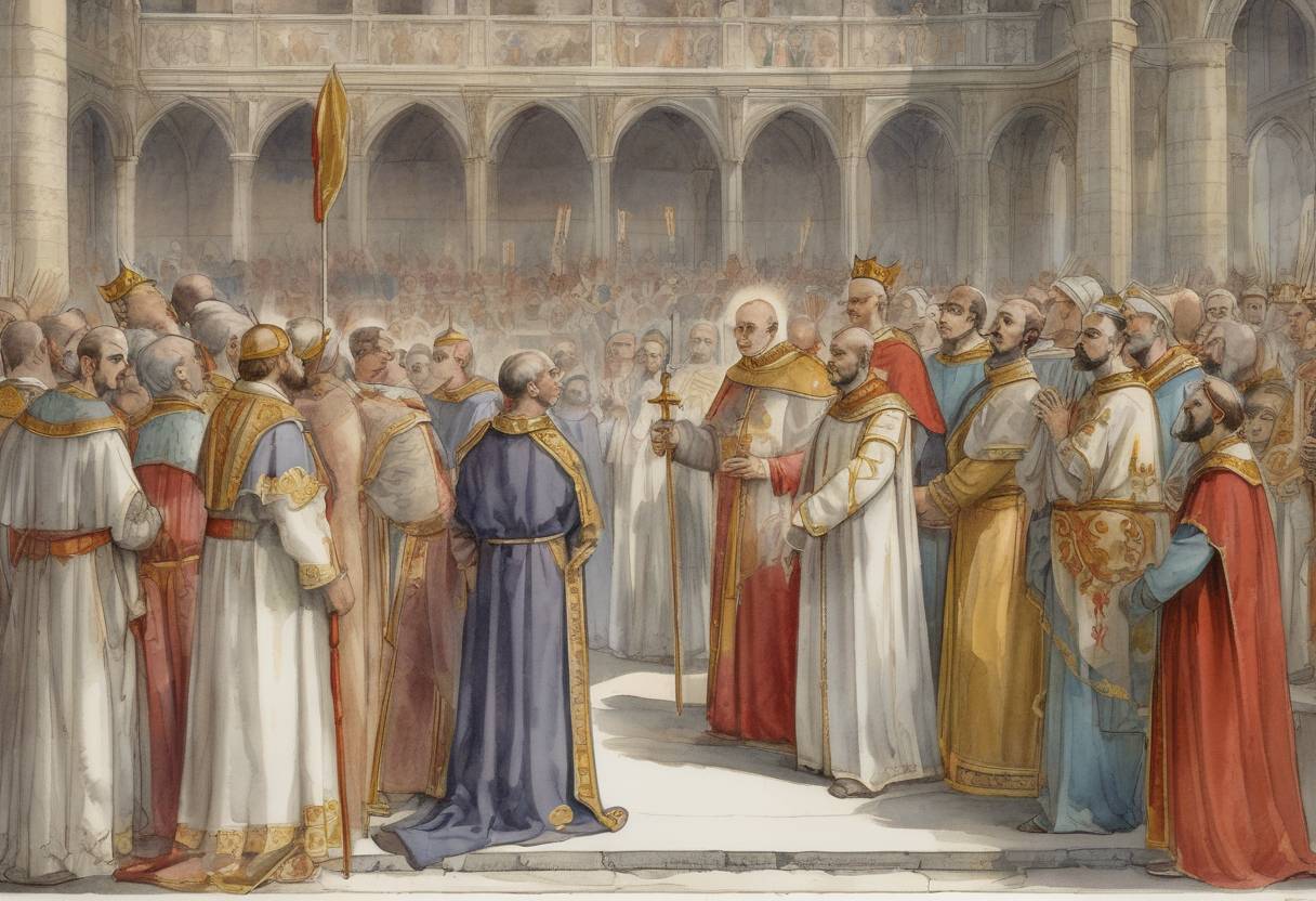 Watercolor painting based depiction of Pope Stephen II anointed Pepin the Short as King of the Franks, marking the first time a pope had crowned a king, which set a precedent for the divine right of kings and strengthened the alliance between the Frankish kingdom and the papacy. (754)