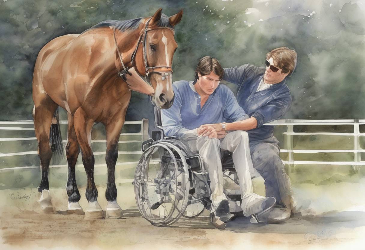 Watercolor painting based depiction of American actor Christopher Reeve is paralyzed from the neck down after being thrown from a horse during an equestrian competition. (1995)
