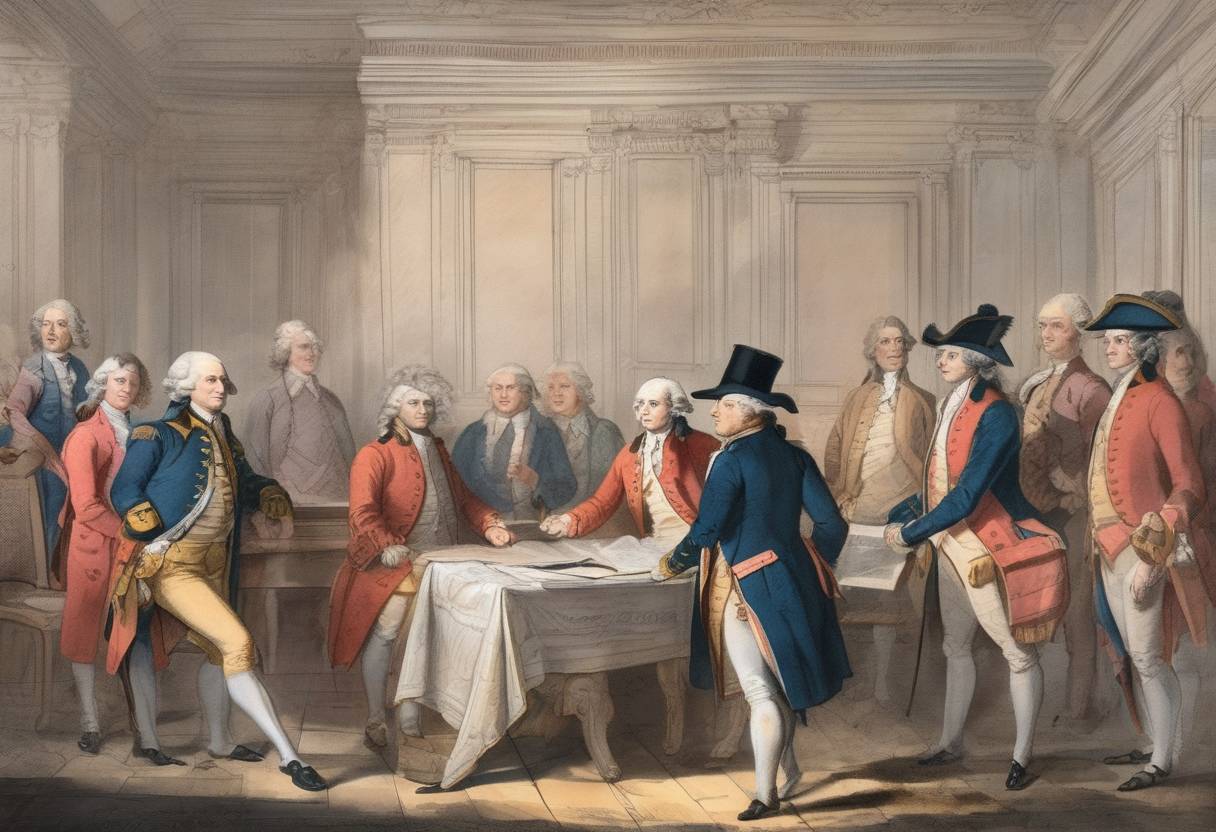 Watercolor painting based depiction of The Treaty of Alliance and the Treaty of Amity and Commerce were signed between the United States and France during the American Revolutionary War. (1778)