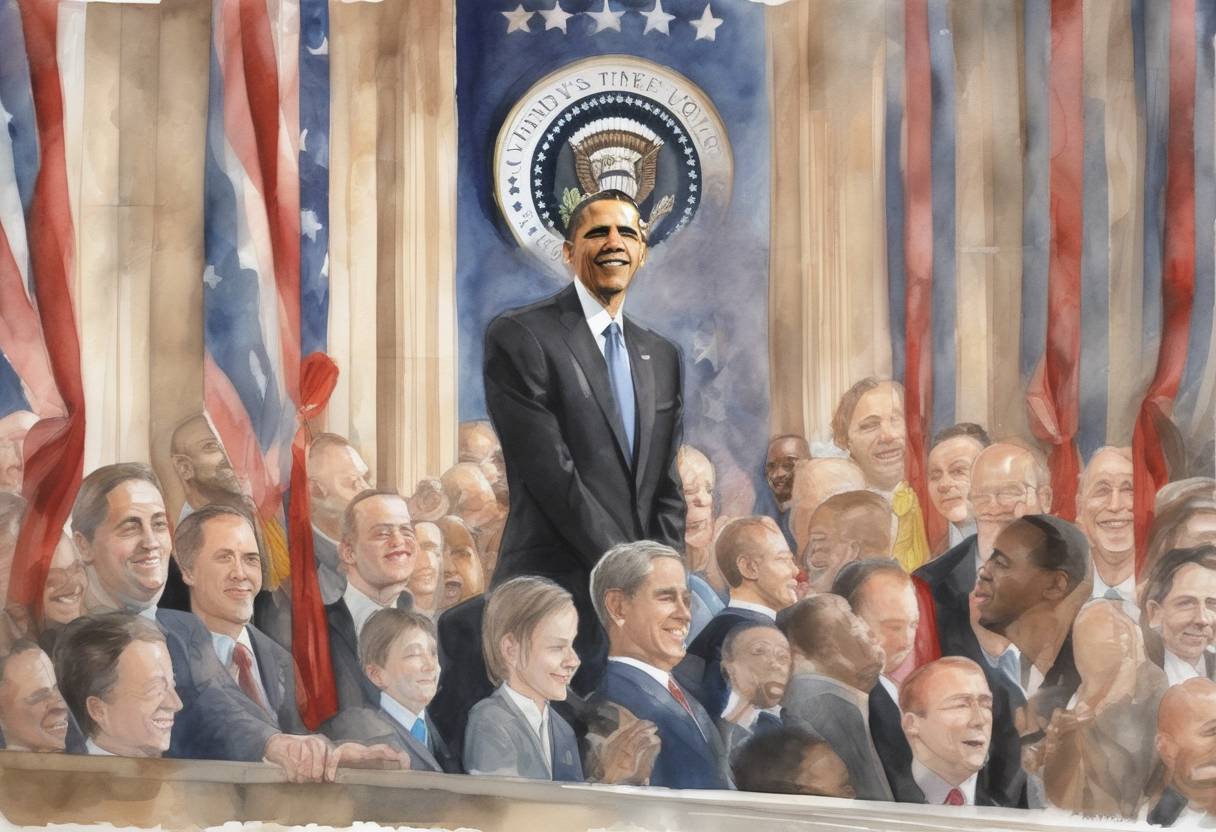 Watercolor painting based depiction of Barack Obama was inaugurated as the 44th President of the United States, becoming the first African American to hold the office. (2009)