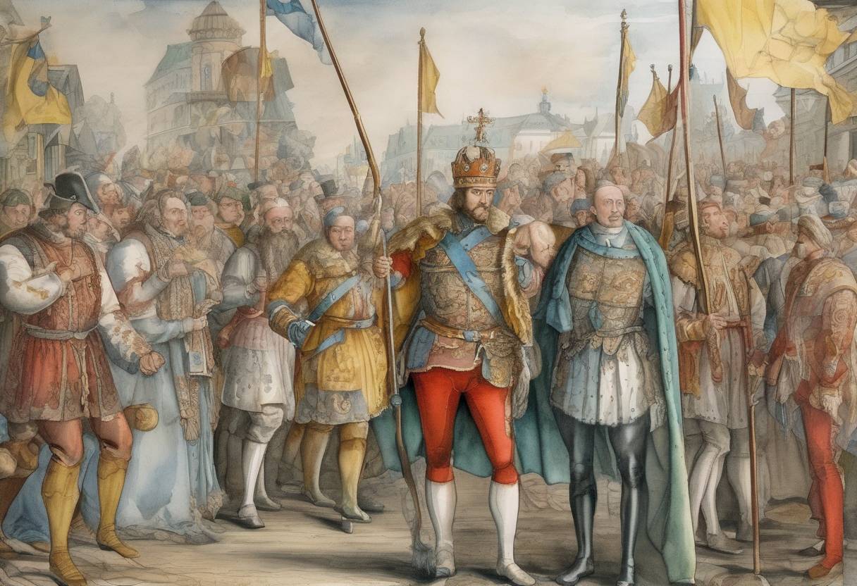 Watercolor painting based depiction of Gustav Vasa was elected King of Sweden, marking the end of the Kalmar Union and the beginning of modern Sweden. (1523)