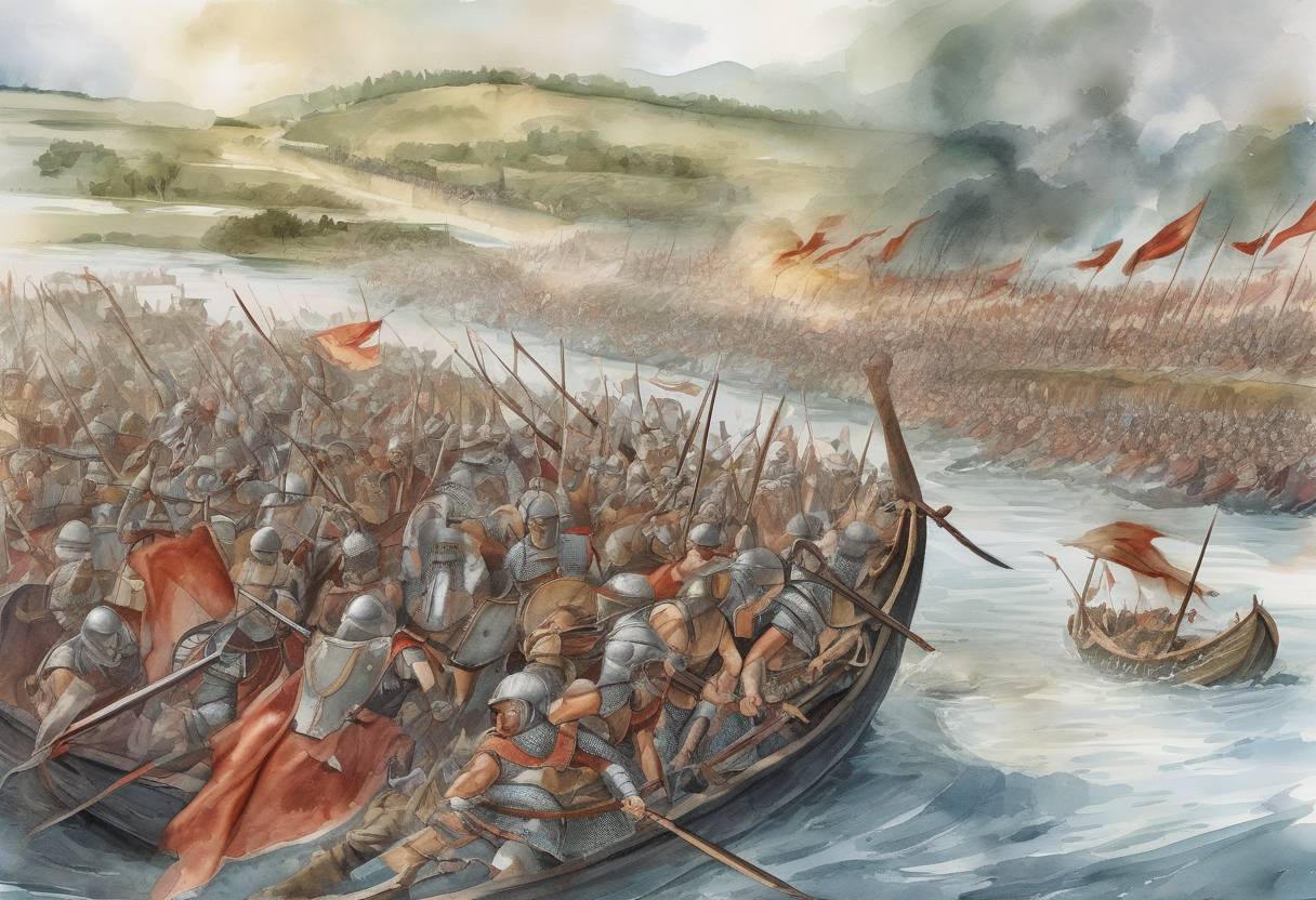 Watercolor painting based depiction of The Battle of Adda River took place, where Theodoric the Great, king of the Ostrogoths, defeated Odoacer, the first King of Italy, leading to the eventual establishment of the Ostrogothic Kingdom in Italy. (490)