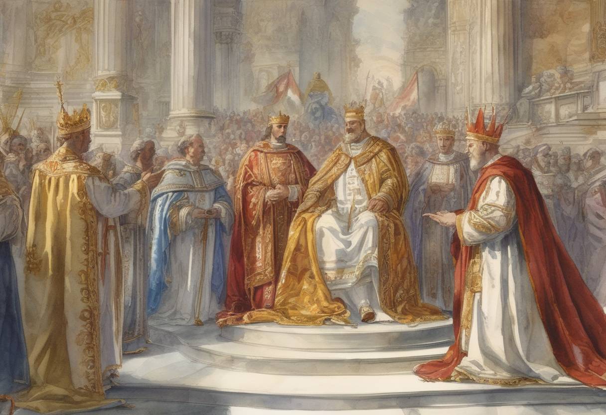 Watercolor painting based depiction of Conrad II is crowned Holy Roman Emperor by Pope John XIX. (1027)