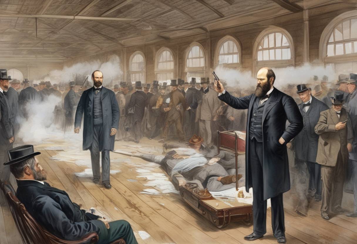 Watercolor painting based depiction of U.S. President James A. Garfield is shot by Charles J. Guiteau at the Baltimore and Potomac Railroad Station in Washington, D.C. (1881)