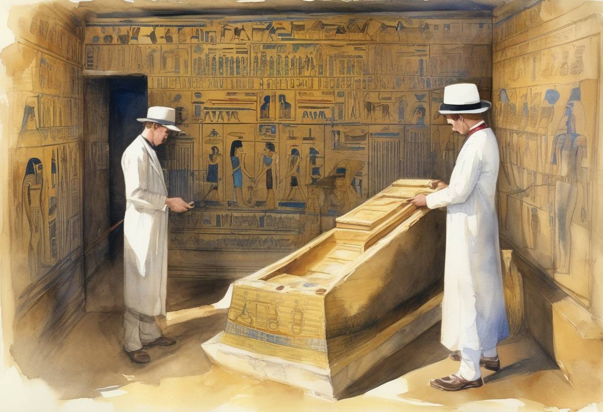 Watercolor painting based depiction of Howard Carter unseals the burial chamber of Pharaoh Tutankhamun. (1923)