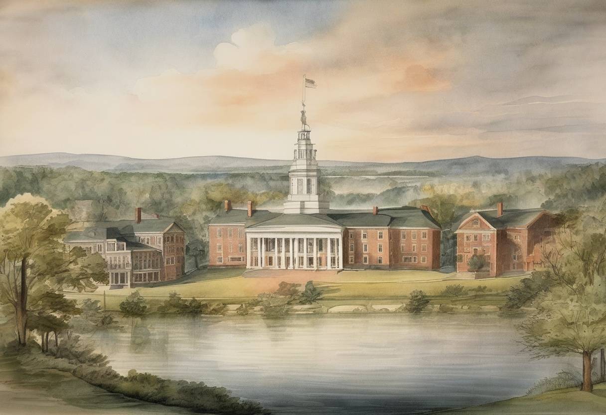 Watercolor painting based depiction of New Hampshire became the ninth state to ratify the United States Constitution, which led to its official adoption as the framework of the government of the United States. (1788)