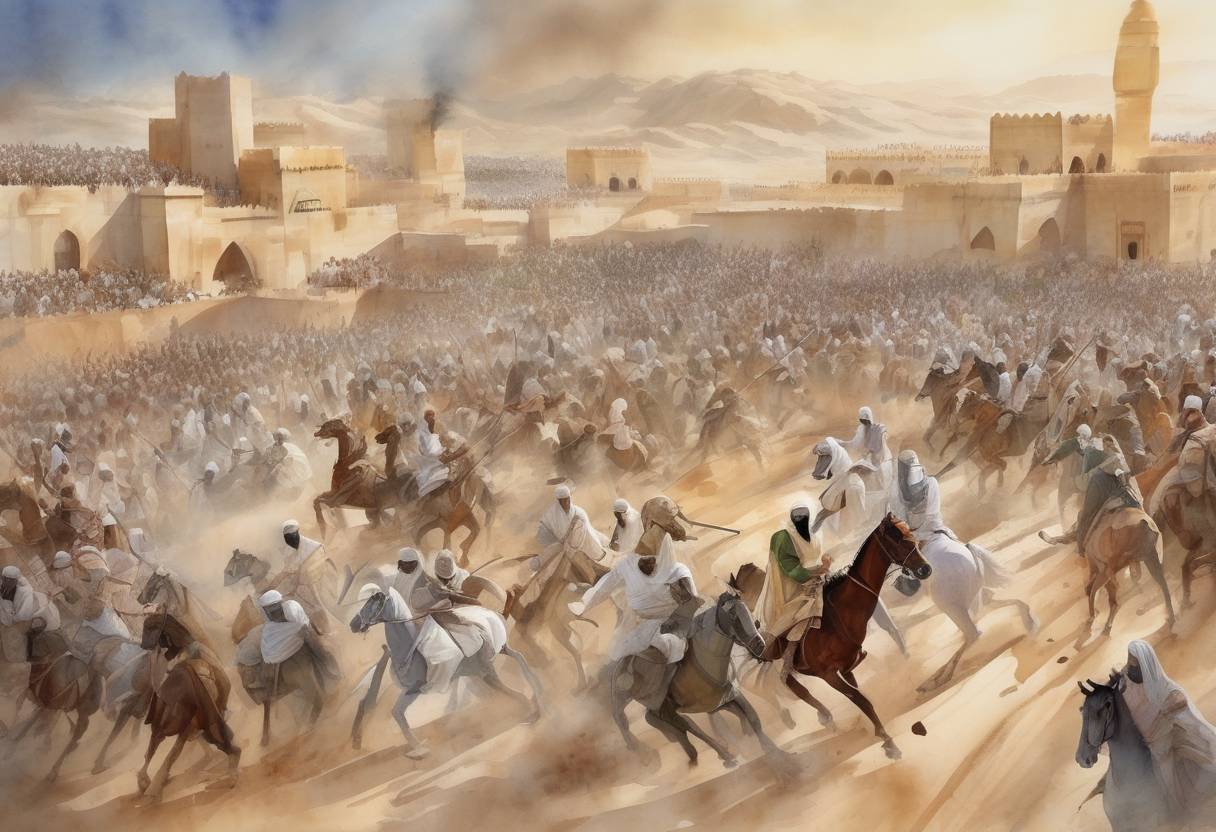 Watercolor painting based depiction of The Battle of Badr takes place, a key battle in early Islamic history where the Prophet Muhammad's forces defeated the Quraysh of Mecca. (624)