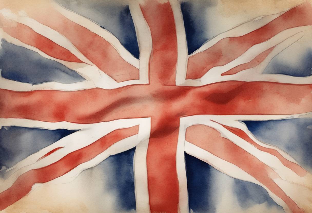 Watercolor painting based depiction of The Union Flag was adopted as the national flag of Great Britain, symbolizing the union of England and Scotland. (1606)