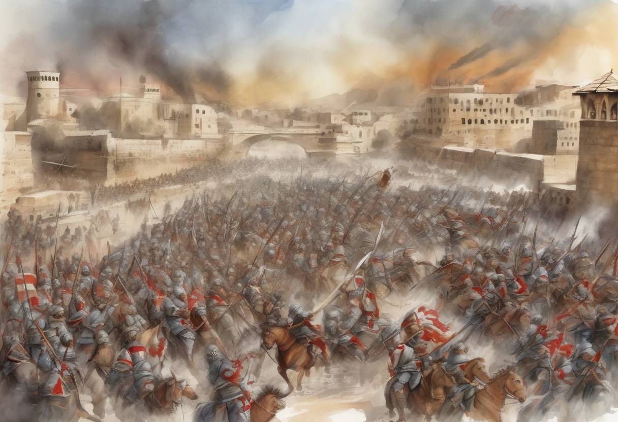 Watercolor painting based depiction of The Battle of Yarmouk, a major battle between the Byzantine Empire and the Rashidun Caliphate, began. This battle was a decisive victory for the Muslim forces and marked a significant turning point in the Muslim conquest of the Levant. (636)