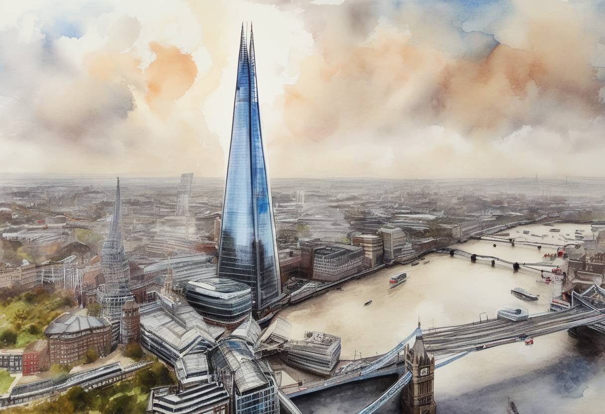 Watercolor painting based depiction of The Shard, the tallest building in the European Union at the time, was officially opened to the public in London, UK. (2013)