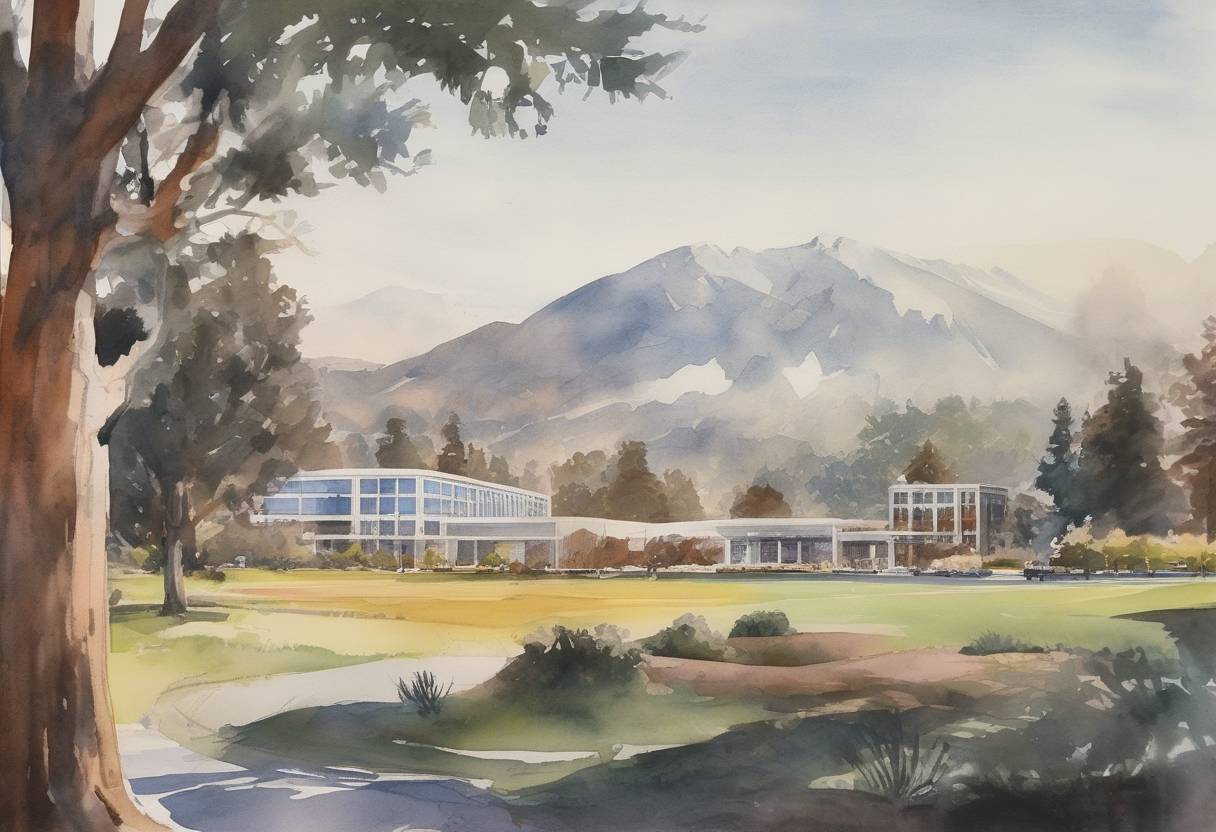 Watercolor painting based depiction of Intel Corporation was founded by Robert Noyce and Gordon Moore in Mountain View, California, marking a significant development in the technology industry. (1968)