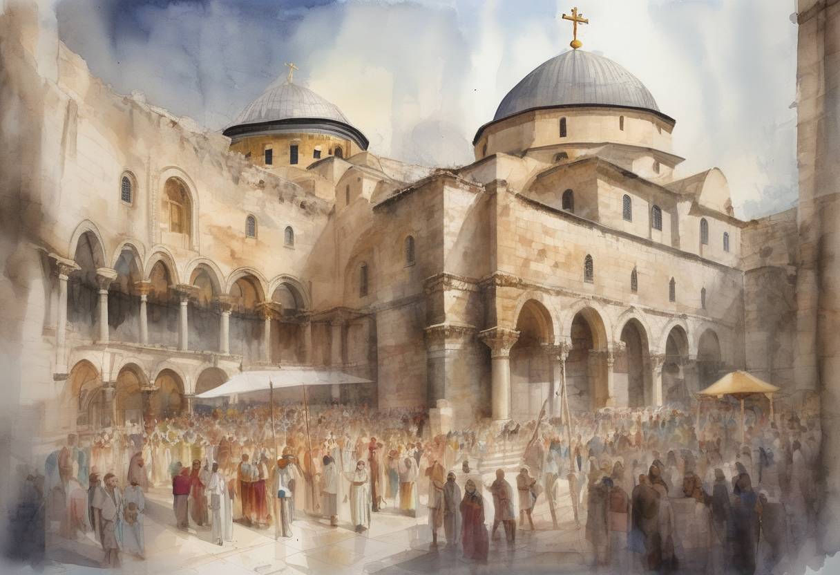 Watercolor painting based depiction of The construction of the Church of the Holy Sepulchre in Jerusalem is ordered by Emperor Constantine the Great. (328)