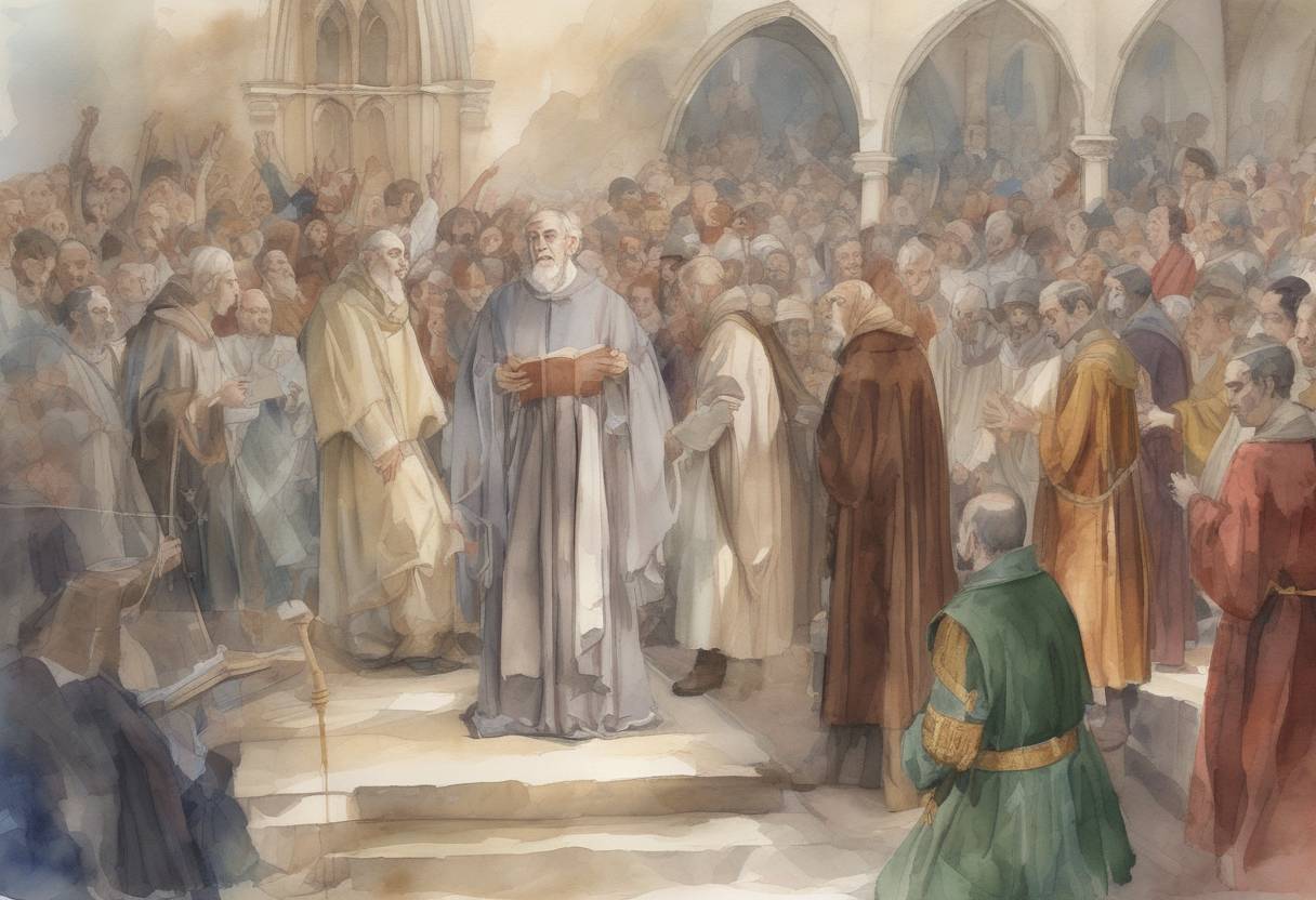 Watercolor painting based depiction of The death of Saint Augustine of Canterbury, a Benedictine monk who became the first Archbishop of Canterbury and is considered the 'Apostle to the English' for his role in the Christianization of England. (599)