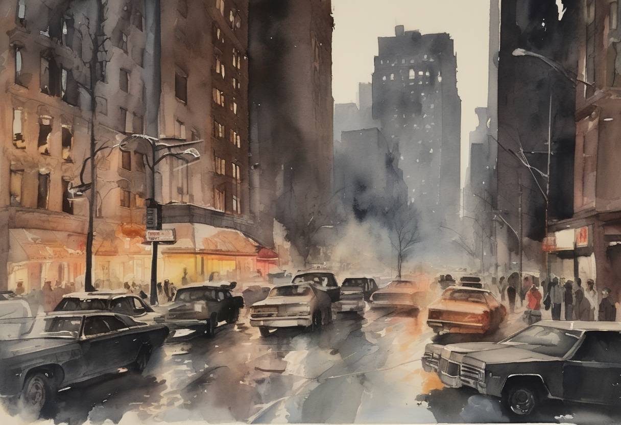 Watercolor painting based depiction of A major blackout hit New York City, leading to widespread looting and arson during a period of economic and social turmoil. (1977)