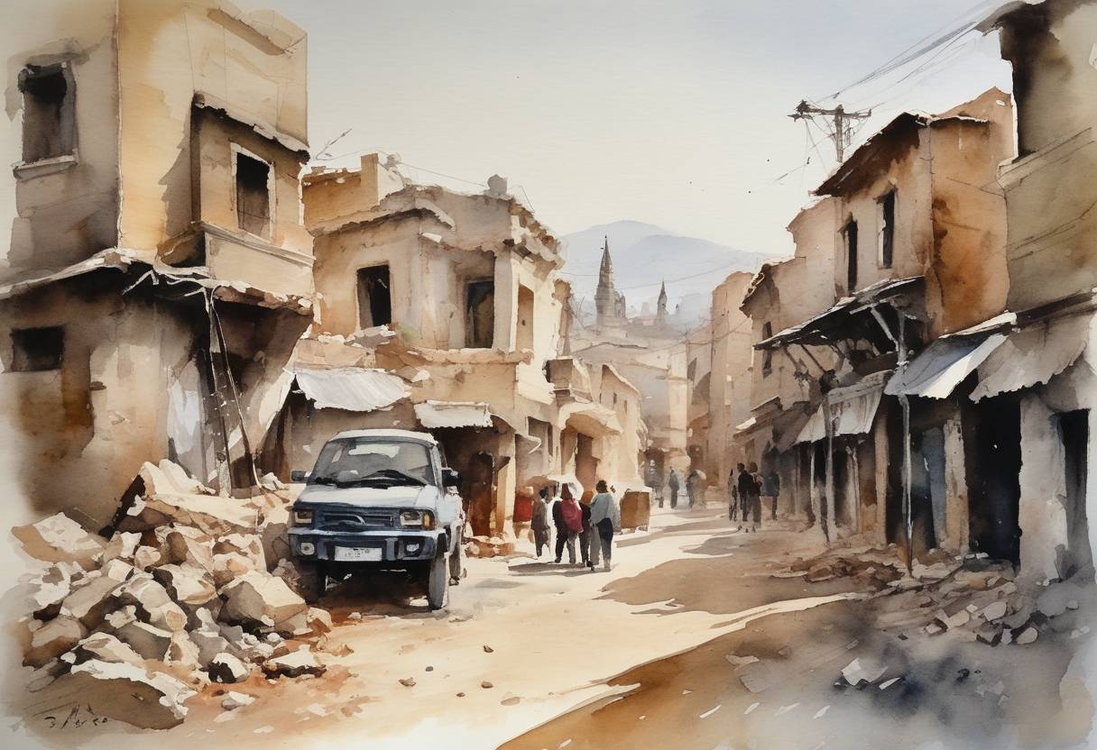 Watercolor painting based depiction of A strong earthquake of magnitude 7.8 struck southern Turkey and northwestern Syria, causing widespread destruction and fatalities across the region. (2023)