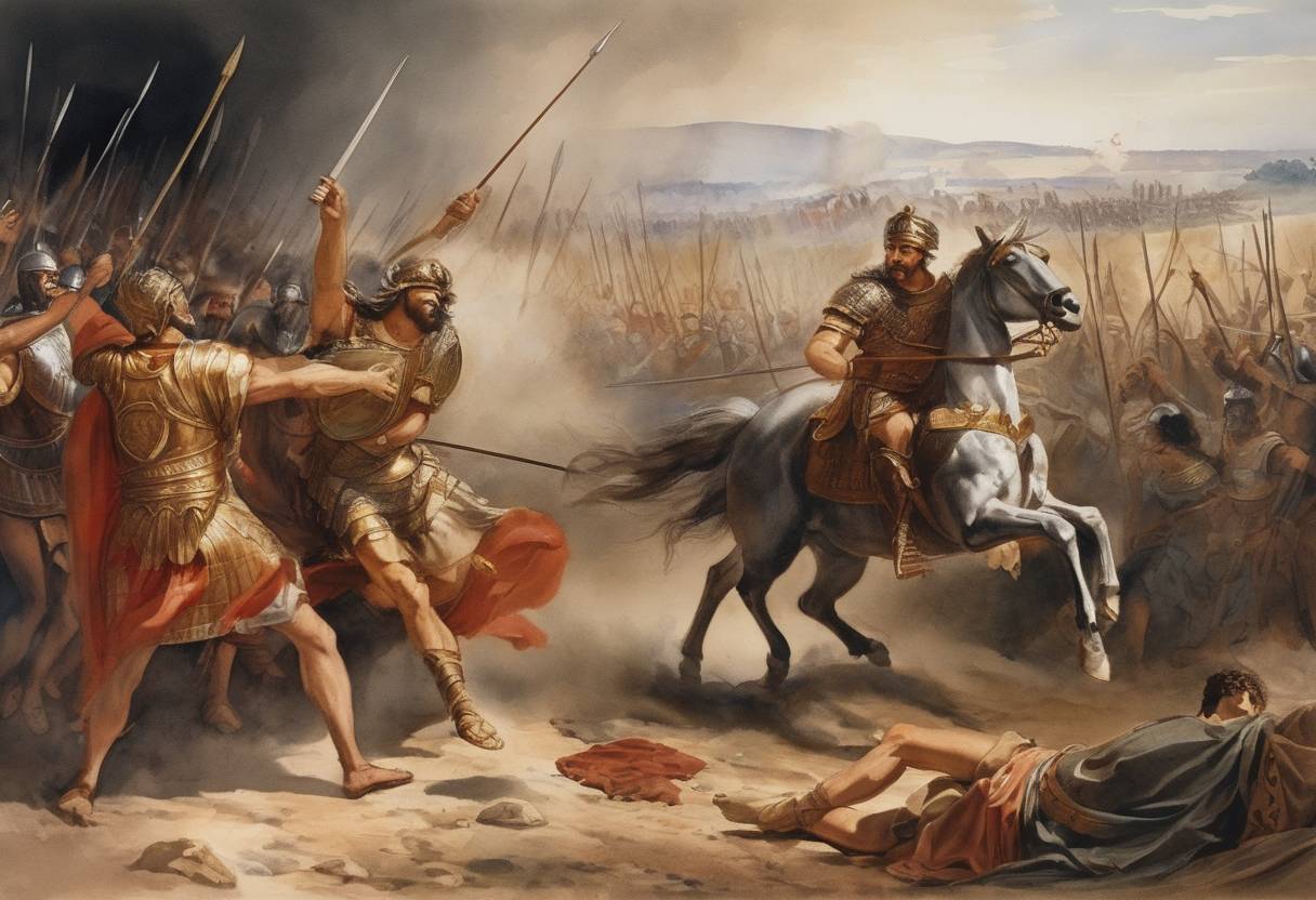 Watercolor painting based depiction of Emperor Septimius Severus defeats usurper Clodius Albinus at the Battle of Lugdunum, securing his claim to the Roman Empire. (197)