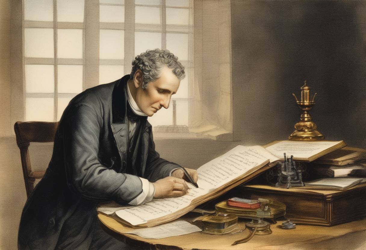 Watercolor painting based depiction of Louis Braille, the inventor of a widely used tactile writing system for the visually impaired, was born. His work would later revolutionize reading and writing for the blind community worldwide. (1809)