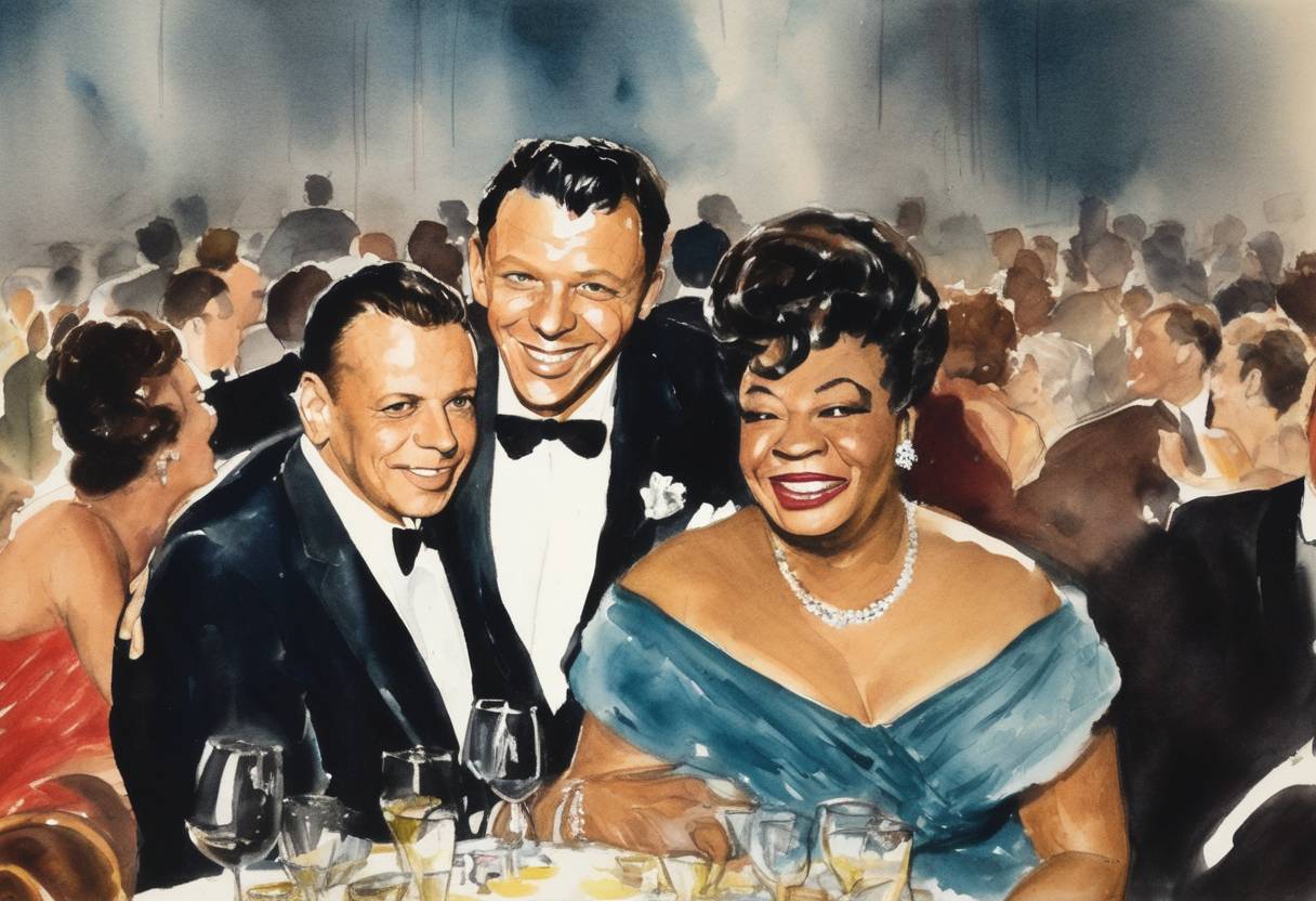 Watercolor painting based depiction of The first Grammy Awards ceremony was held. Frank Sinatra and Ella Fitzgerald were among the winners. (1959)
