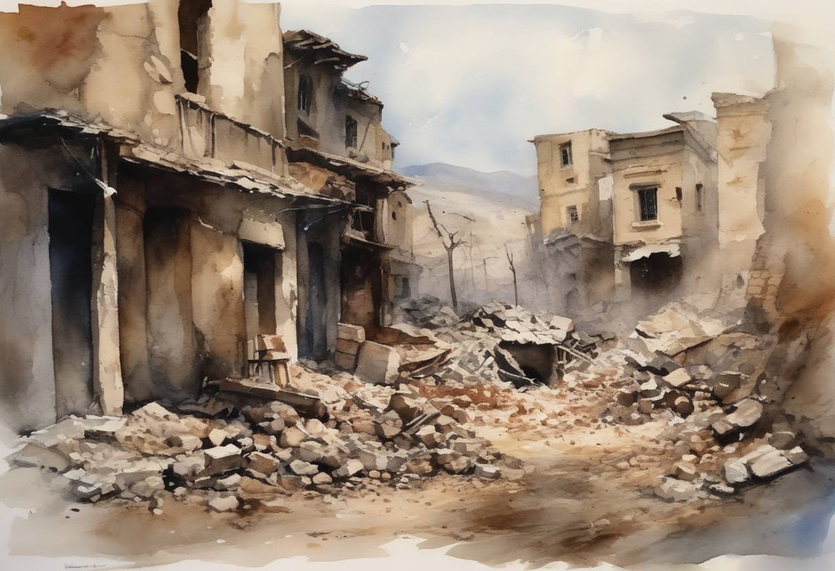 Watercolor painting based depiction of Two powerful earthquakes of magnitudes 7.8 and 7.5 hit southern and central Turkey and northern Syria, causing widespread destruction and a significant loss of life, prompting worldwide relief efforts. (2023)