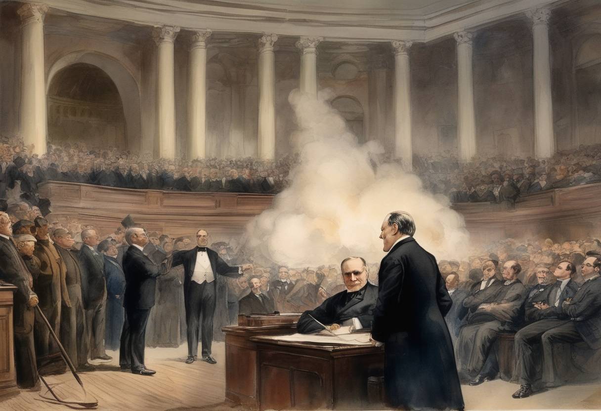 Watercolor painting based depiction of William McKinley defeated William Jennings Bryan in the United States presidential election, becoming the 25th President. (1896)